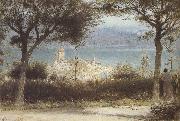 Albert goodwin,r.w.s The Town of Spiez on Lake Thun,Switzerland (mk37) oil on canvas